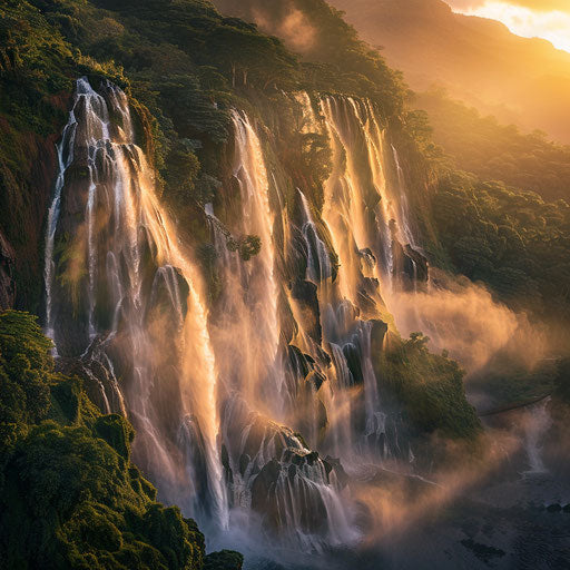 Dudh Sagar Waterfalls with misty spray and sunset glow