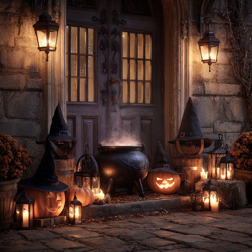 Halloween Entryway with Cauldron and Lit Lanterns