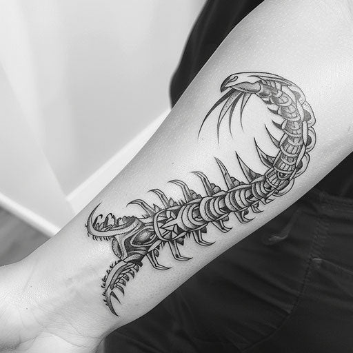 Polynesian centipede tattoo with traditional tribal patterns
