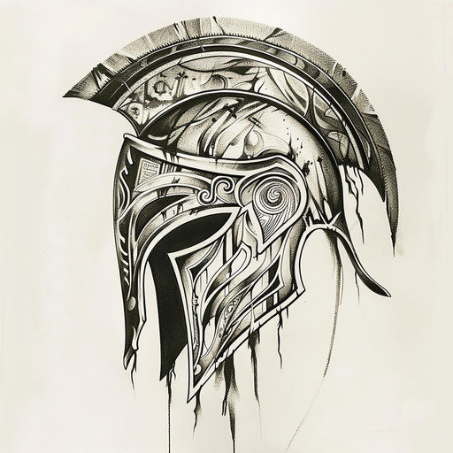Tribal-inspired sketch of spartan helmet tattoo