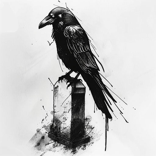 Raven on gravestone, minimalist tattoo black ink