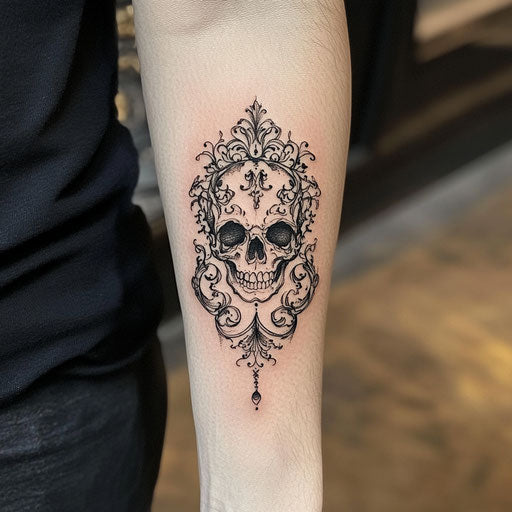 Inner forearm tattoo showcasing a gothic skull with intricate filigree