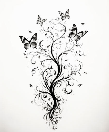 Butterflies tattoo design, negative space, spirals, romantic