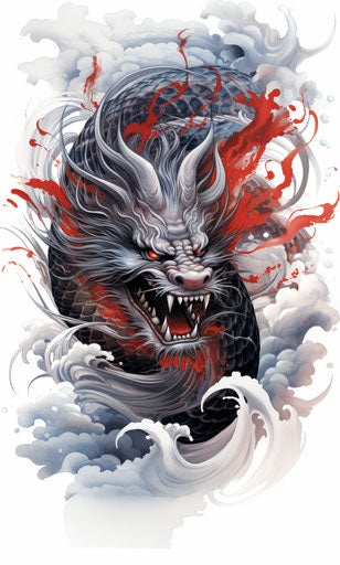 Asian dragon art on white background, dark silver and red style