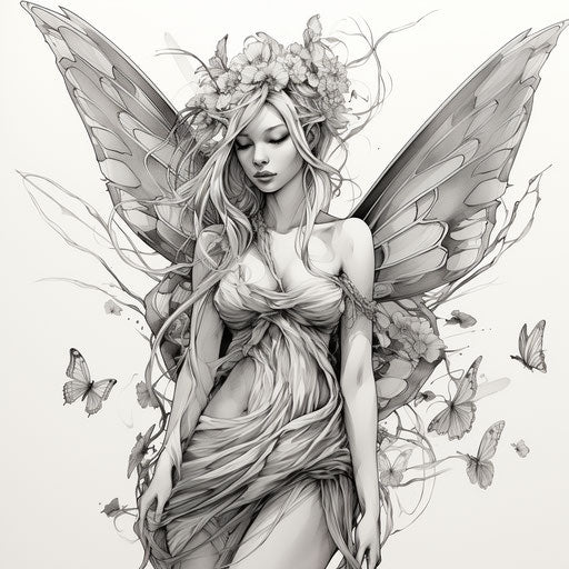 Fairy with wings on grey background, characterful pen and ink style