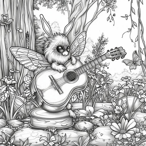 A whimsical bee playing a tiny guitar in a garden.