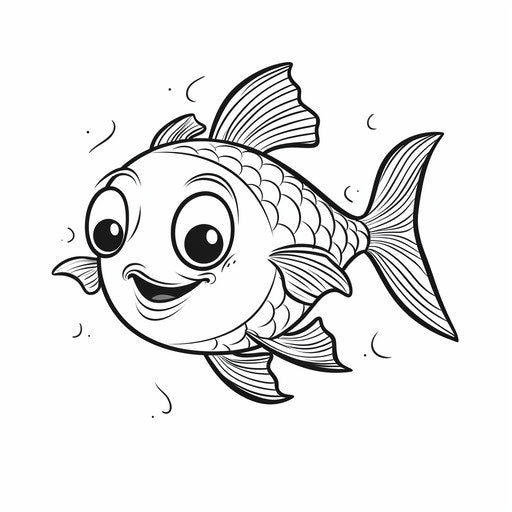 A smiling fish in a child's black and white drawing style