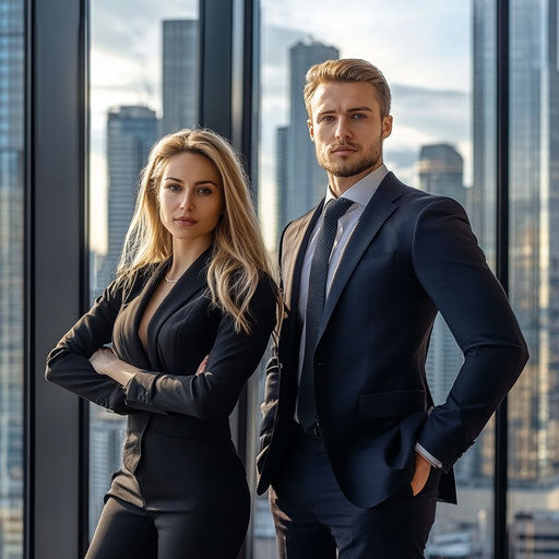 Modern power couple in sleek corporate office