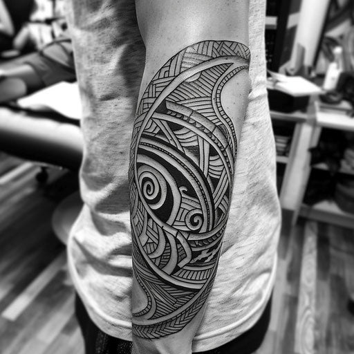 Tribal arm tattoo in the style of Adrian Smith