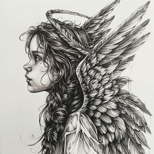 Vintage-style guardian angel with detailed feathers and a halo