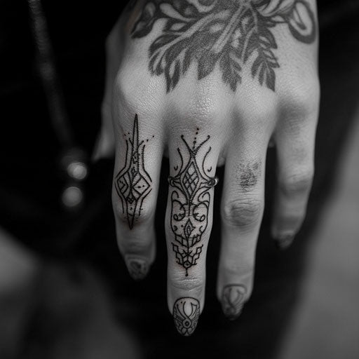Tiny finger tattoos in Ami James style with tribal patterns