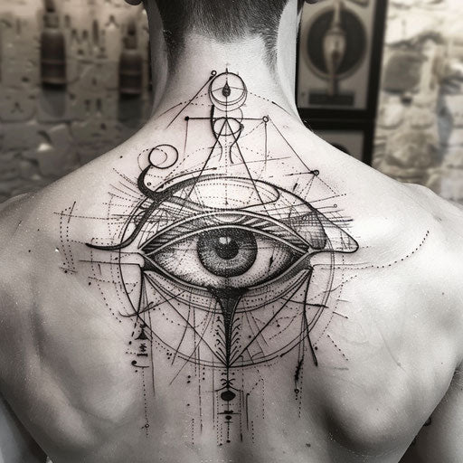 Gothic-inspired Eye of Horus tattoo on white backdrop