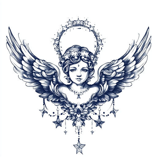 Cherub neck tattoo with halo and stars on white background