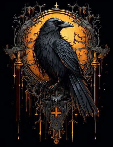 The night raven tattoo, in the style of paleocore, dark gray and amber, exaggerated nobility, precisionist, caninecore, skeletal, glorious 24:31