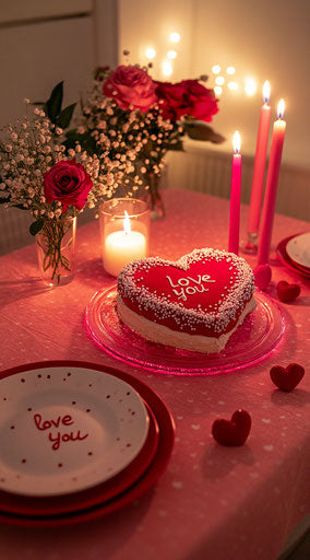 Valentine's Day table setting with heart-shaped cake and flowers