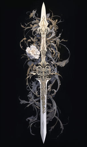 Drawing of sword in enchanted realism, light silver & light black