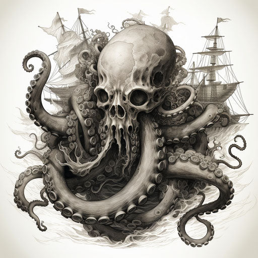 Pirate octopus, political illustration, detailed line-work