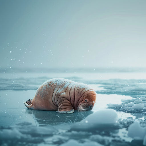 A young walrus playing on the ice