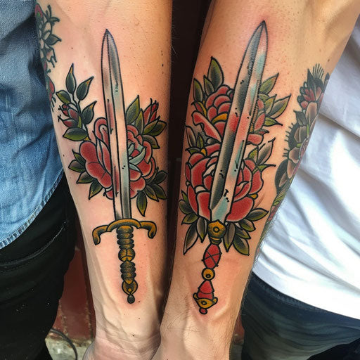 Couple tattoo of traditional roses and daggers