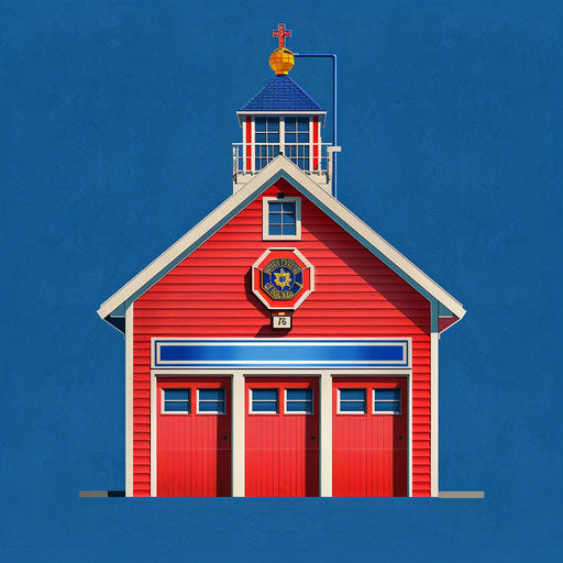 Realistic fire station clipart on royal blue background