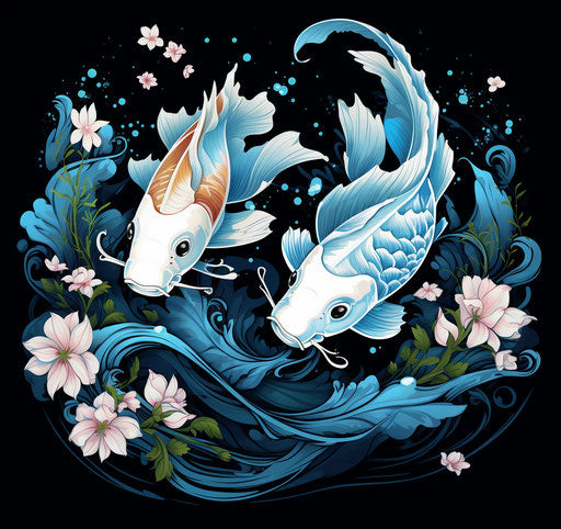 Koi fish in water lily tattoo, ornate black white style