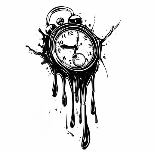 Digital clock melting like Salvador Dali in flat tattoo style