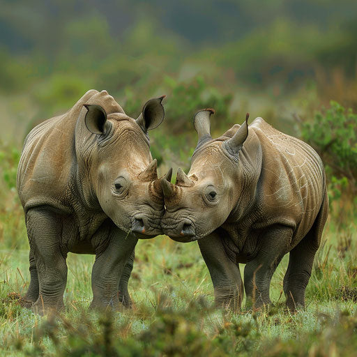 Young West African black rhinoceros calves playfully butting heads, under the watchful eye of their mother
