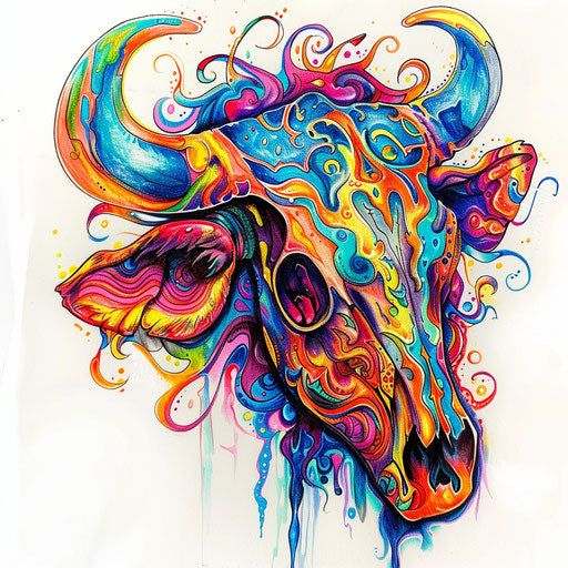 Psychedelic cow skull with swirling tie-dye patterns and bright electric colors