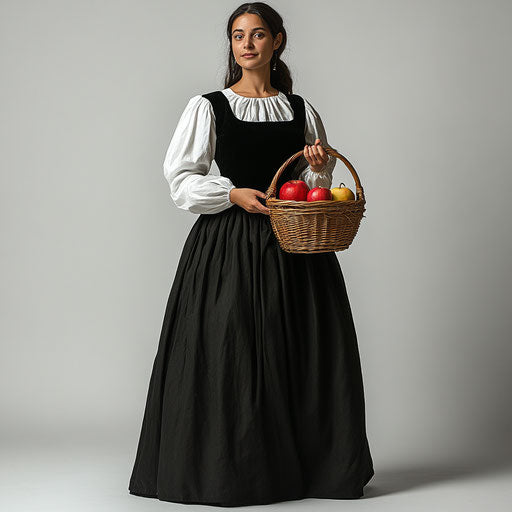 Pilgrim Woman costume, black and white dress with apples or food basket, solid background