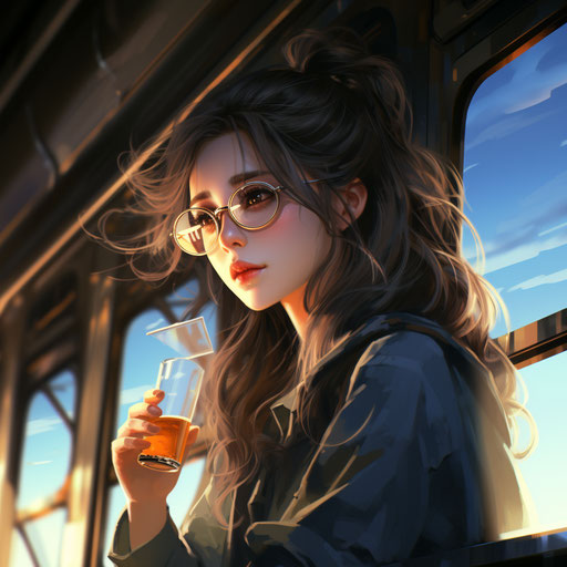 Girl in glasses drinking a drink on the train