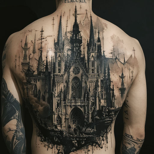 Realism tattoos of a gothic cathedral