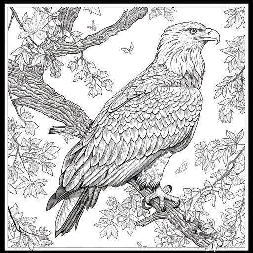 Eagle on a tree branch with foliage details