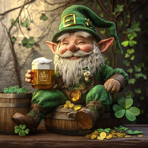 Saint Patrick's Day Gnome with Green Hat and Cube of Gold sitting on bench