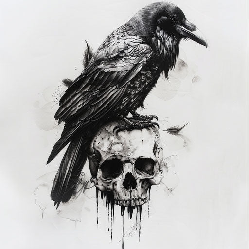 Gothic raven tattoo on skull, detailed feathers, black/gray