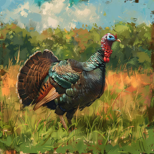 Wild turkey in a lush green meadow