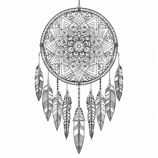 Dream catcher with Native American motifs - Coloring book page