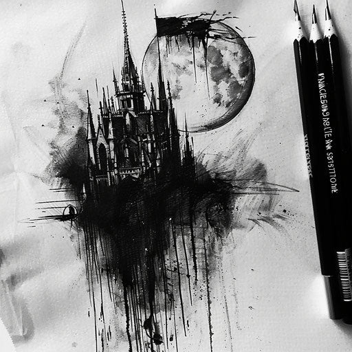 Black flag behind a moonlit Gothic cathedral