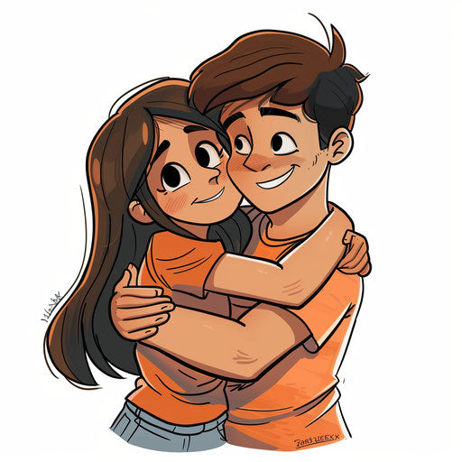 Cute couple hugging, for kids, cute drawing, in the style of Peter Bagge, RTX on, Zeen Chin, colorized, commission for, dark white and dark orange