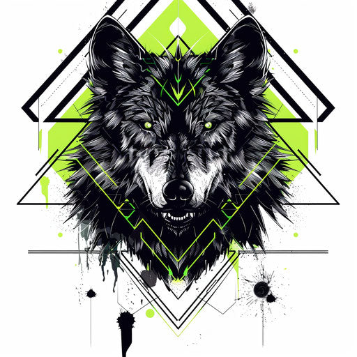 Modern tattoo sketch of werewolf with geometric shapes and neon green highlights