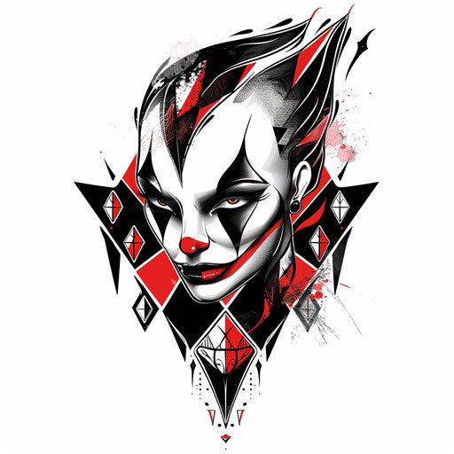 Flat Harlequin clipart style tattoo with diamond patterns in black and red