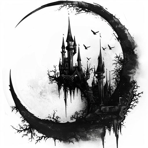 Gothic half moon with dark castle, clipart style
