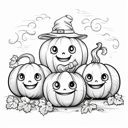 Pumpkin coloring pages with pumpkins in Halloween costume, monochrome ink style