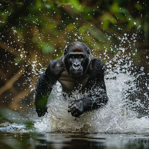 Western lowland gorilla leaping through water