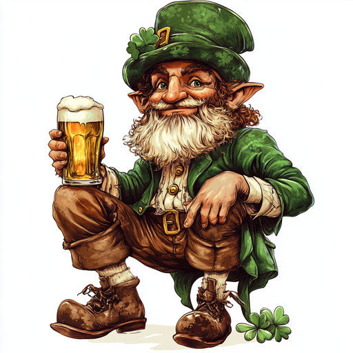 Leprechaun, clovers, and beer: white background clipart