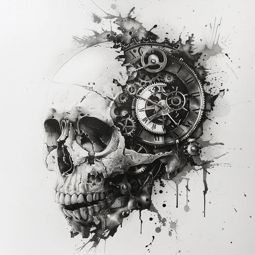 Mechanical skull symbolizing time on white canvas
