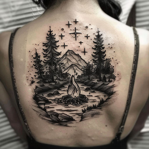 Bold and dark flat tattoo sketch with riverside campfire and starry sky
