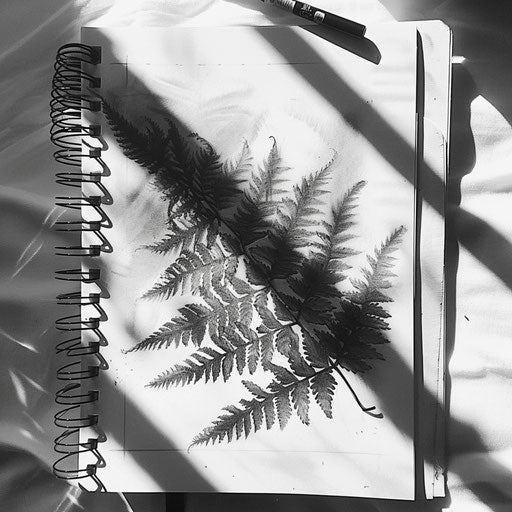 Abstract fern tattoo sketch in charcoal on a white sketchpad