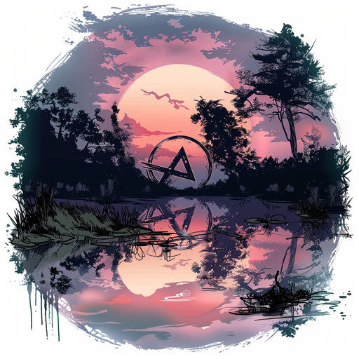 Reflective tattoo sketch in clipart style with an anarchy symbol and quiet pond scene, pastel colors