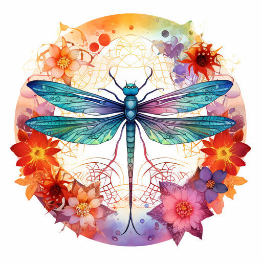Dragonfly in patterns, mandala, bangle, colored mandala frame doodle ornaments on a white background illustration, in the style of rainbowcore, intricate cut-outs, zen buddhism influence, translucent color, birds & flowers, dye-transfer