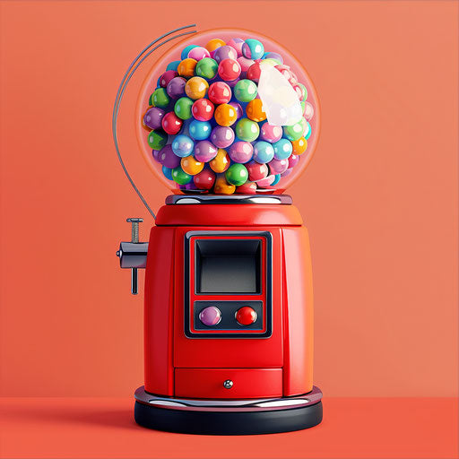 Realistic gumball machine on vibrant coral background